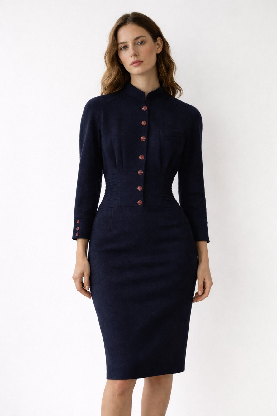 Savanna Vintage 80s Wool Dress S Navy Blue 1940s Style Pencil Wiggle Midi Korean